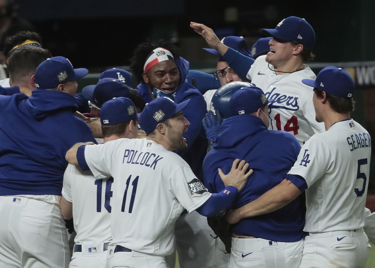 The Dodgers celebrate their victory over the Tampa Bay Rays.