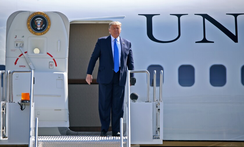 President Donald J. Trump arrives at the John Wayne Airport in Santa Ana on Sunday, Oct. 18, 2020.