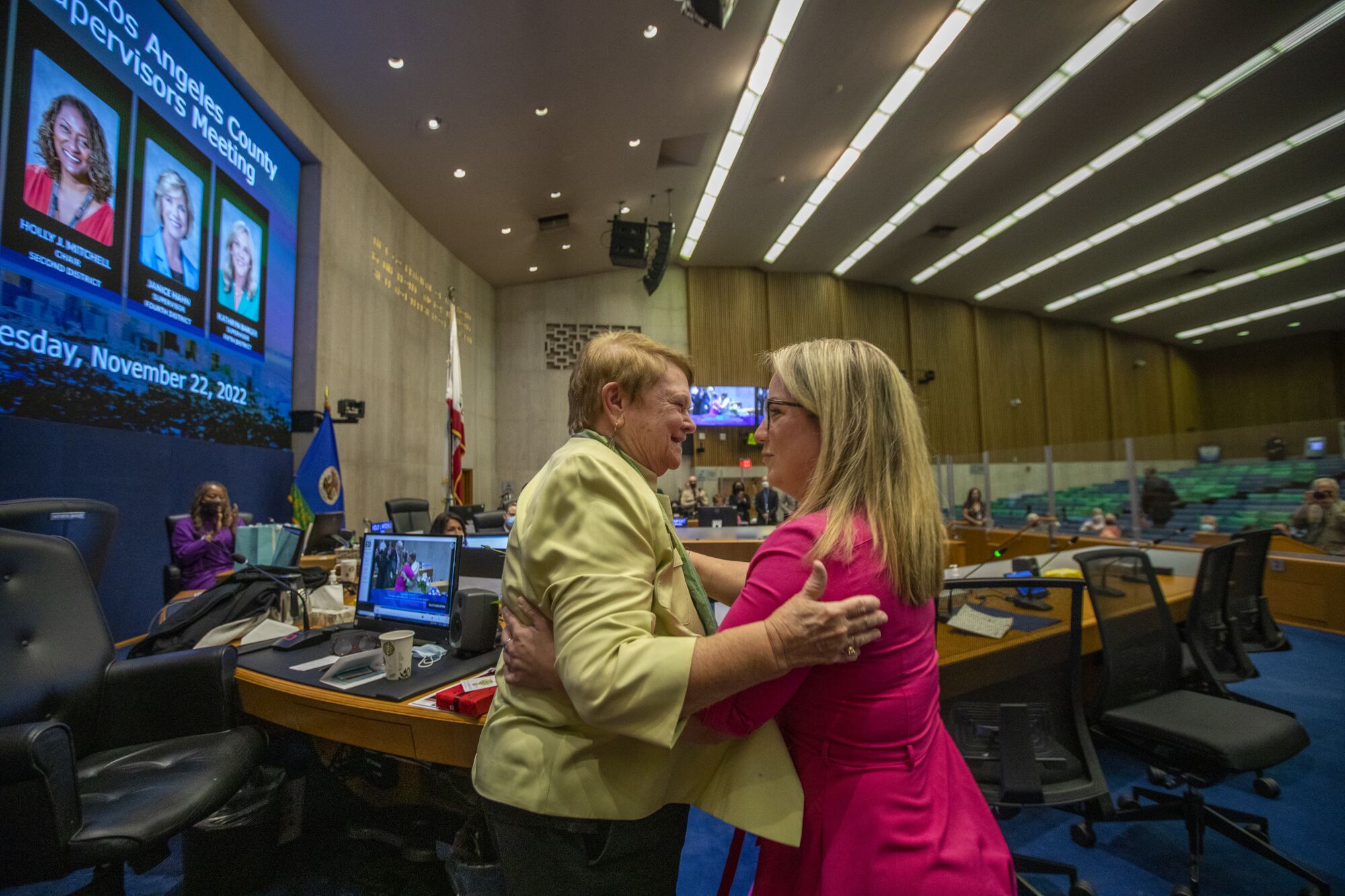 Sheila Kuehl, left, hugs Lindsey Horvath, who was elected to succeed Kuehl