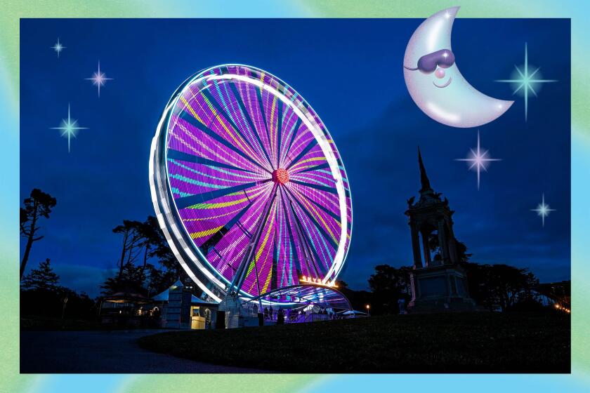 SAN FRANCISCO, CA - MARCH 13: The SkyStar Observation Wheel features 36 climate-controlled, 6-passenger gondolas where guests soar 150 feet above Golden Gate Park on Saturday, March 13, 2021 in San Francisco, CA. On March 2, 2021, the San Francisco Department of Public Health updated a COVID-19 health order to allow many businesses to reopen at the Red Tier. (Gary Coronado / Los Angeles Times) Illustrations by Grace Danico / For The Times