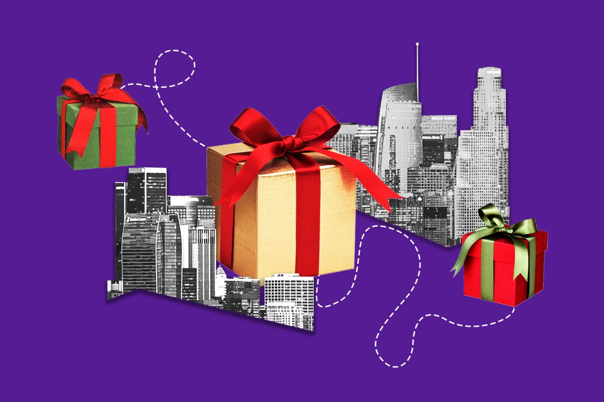 A photo illustration of wrapped gifts and the L.A. skyline.