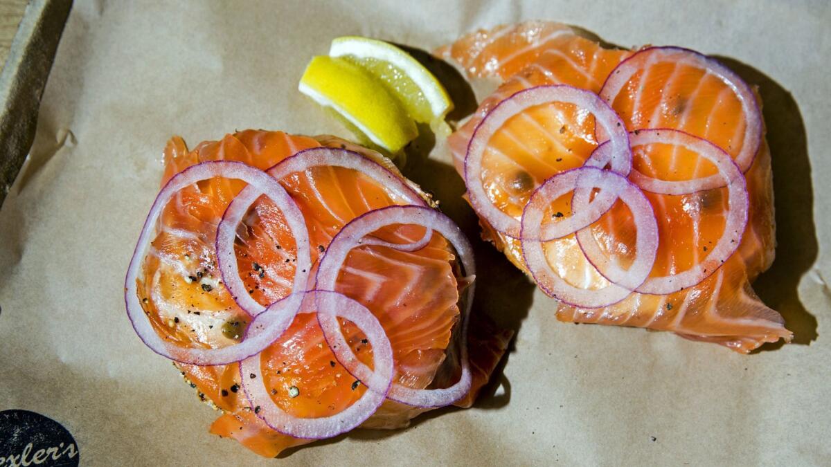 An everything bagel, lox and cream cheese at Wexler's Deli.