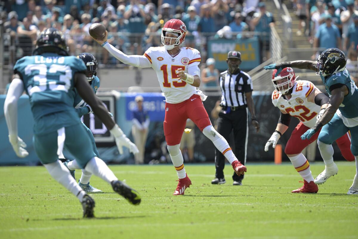 Kansas City Chiefs quarterback Patrick Mahomes throws a pass during the first half against the Jacksonville Jaguars.