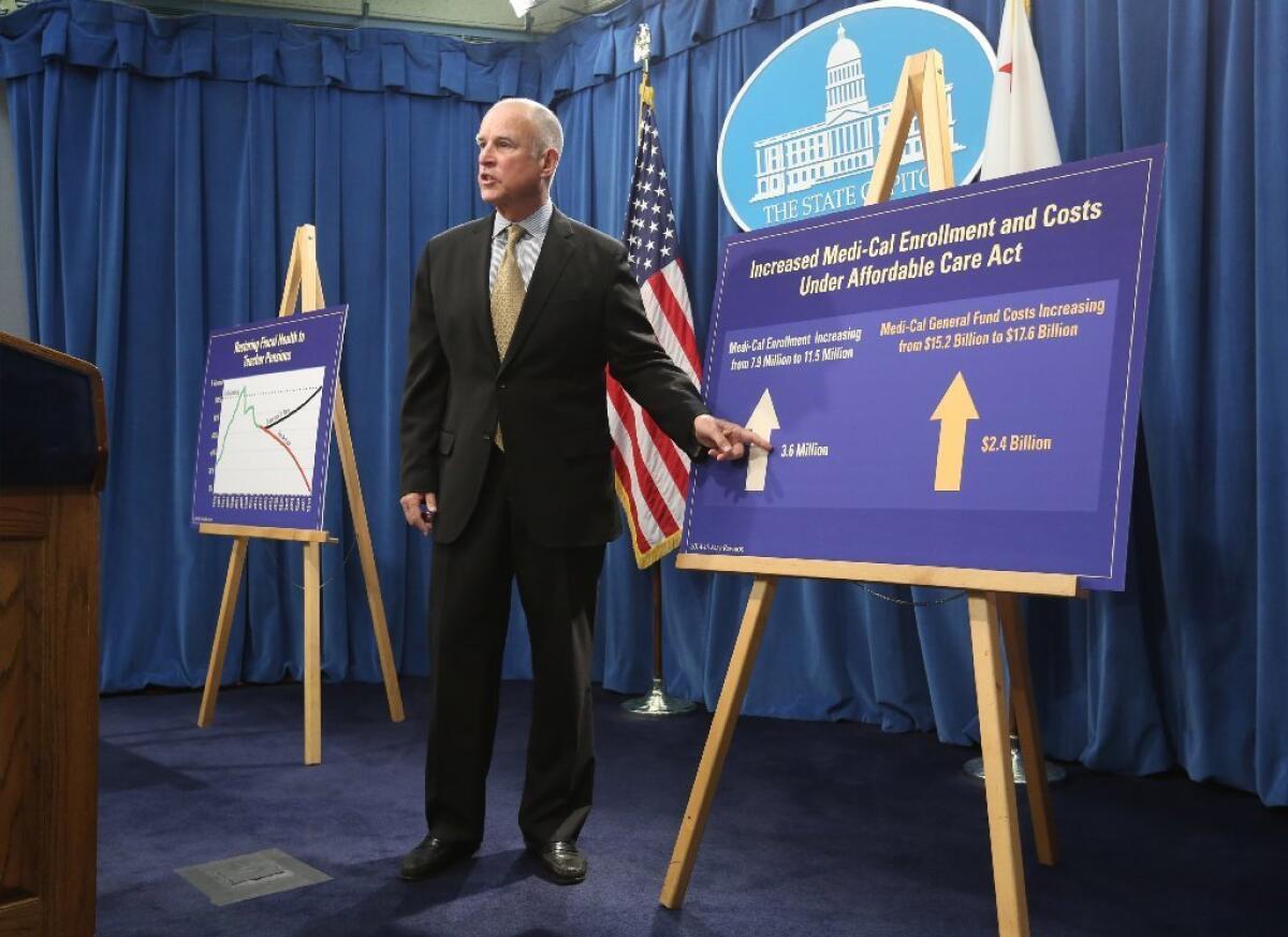 Gov. Jerry Brown is seen last month discussing his California budget proposal.