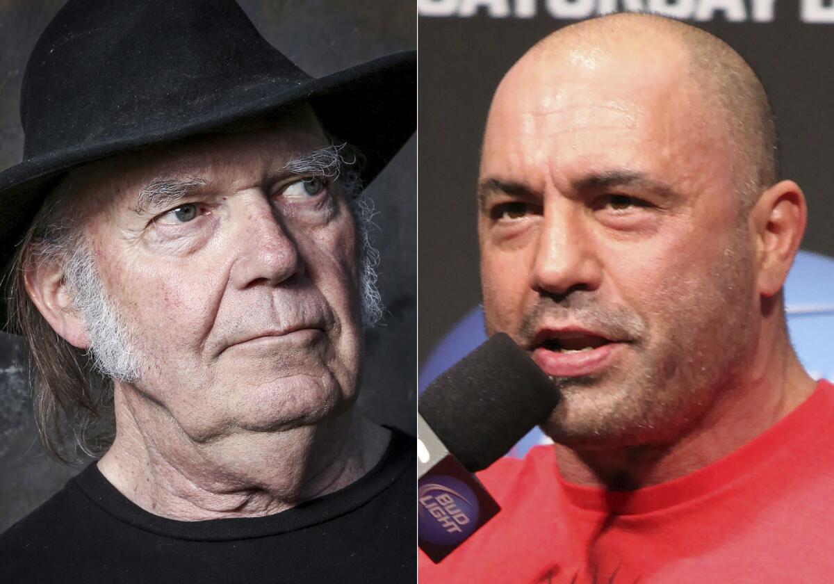 Neil Young, left, and UFC announcer and podcaster Joe Rogan.