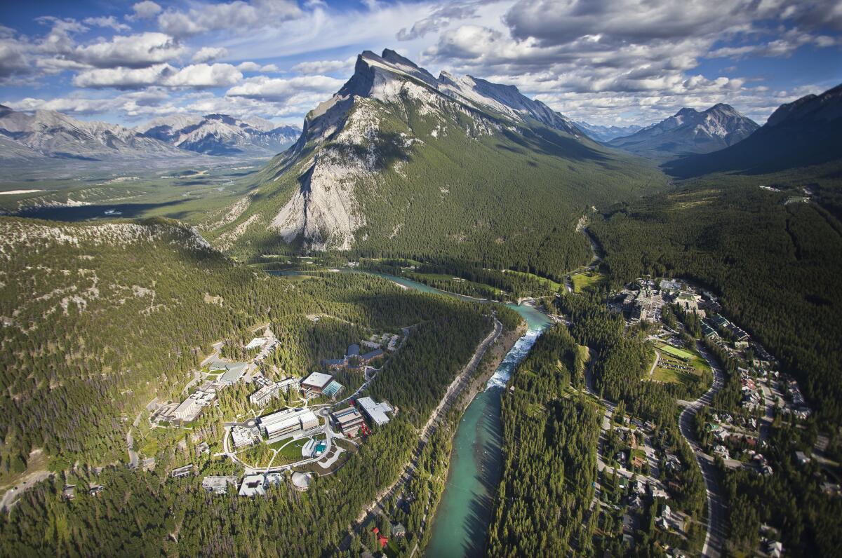 An aerial view of Banff, a resort town in Banff National Park, in Alberta.