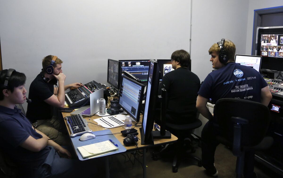 In the control room during a live broadcast of a world championship qualifier game of "World of Warcraft" from the ESL offices in Burbank.