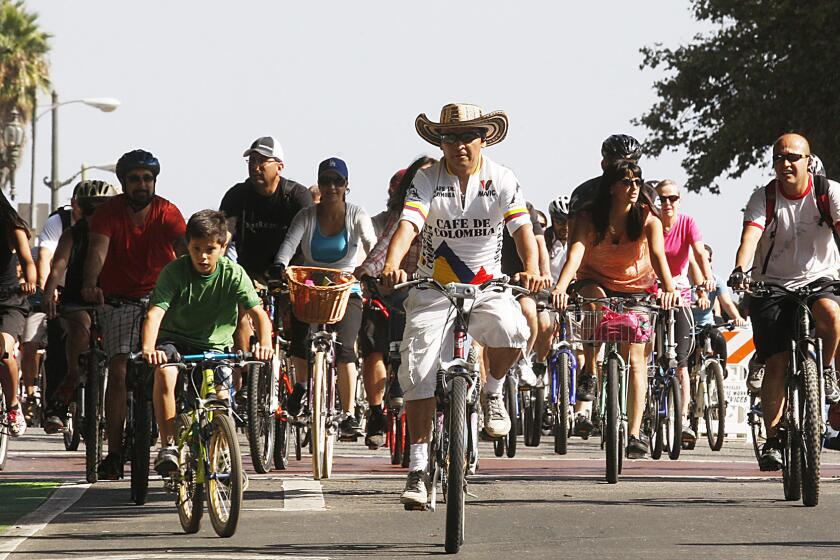 Cyclists pedal down Spring Street at last year's CicLAvia.