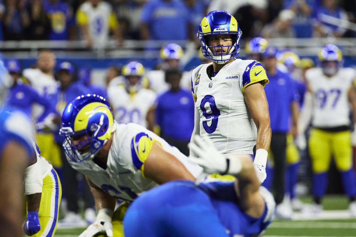 Rams quarterback Matthew Stafford prepares to snap the ball during a loss to the Detroit Lions on Sept. 8.