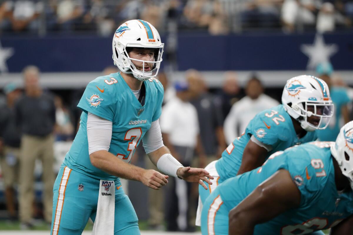 Miami Dolphins quarterback Josh Rosen prepares for the snap during the second half against the Dallas Cowboys in Arlington, Texas on Sept. 22.