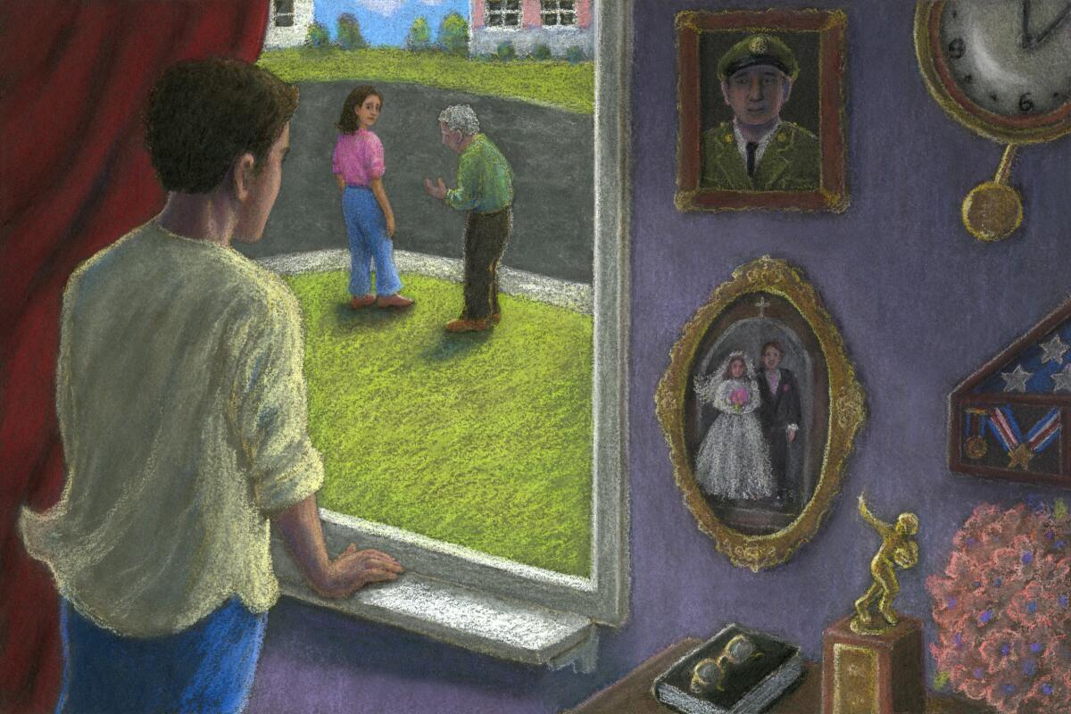 An illustration of a man looking out a window at an older man talking to a woman on the lawn