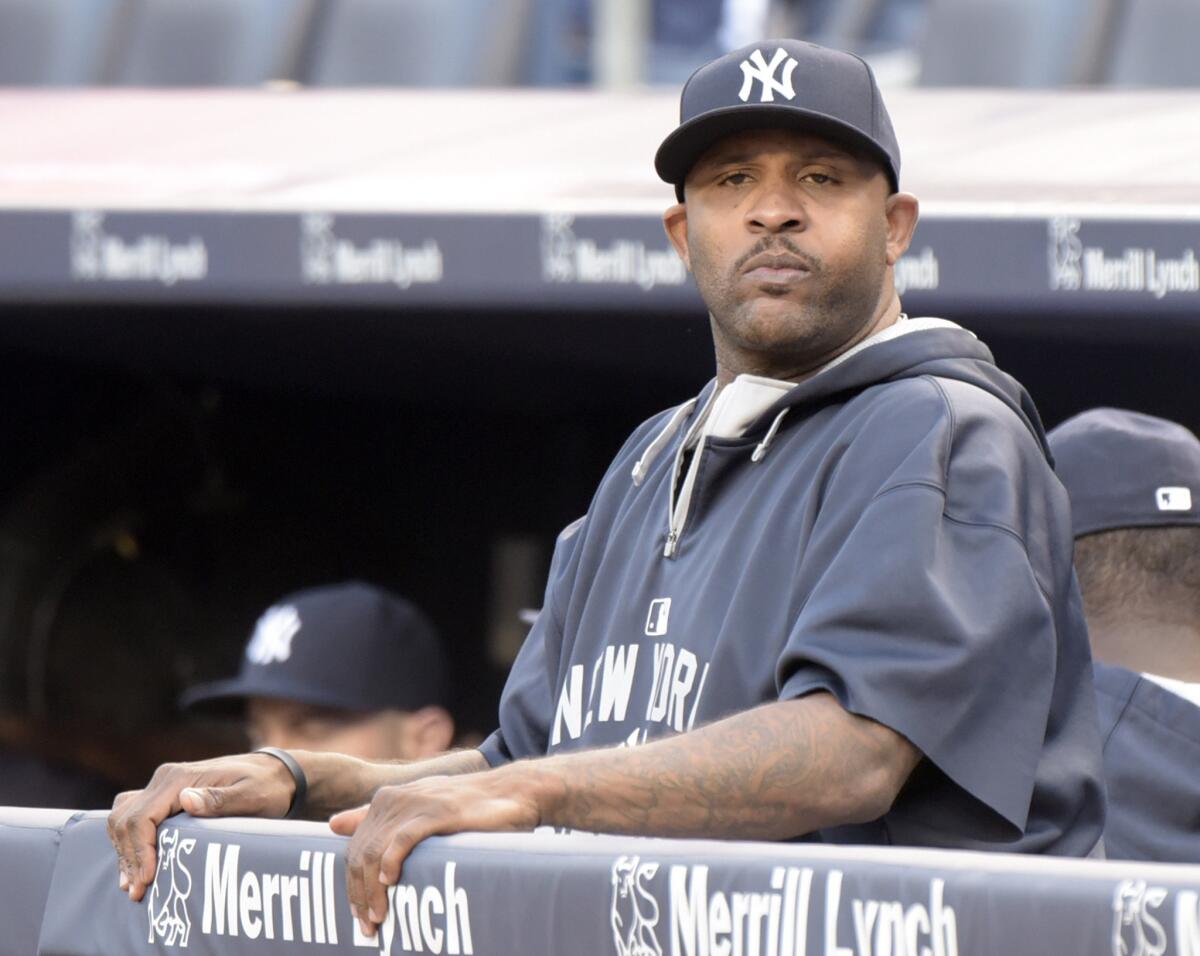 New York Yankees pitcher CC Sabathia looks on before a game Monday against the Minnesota Twins.