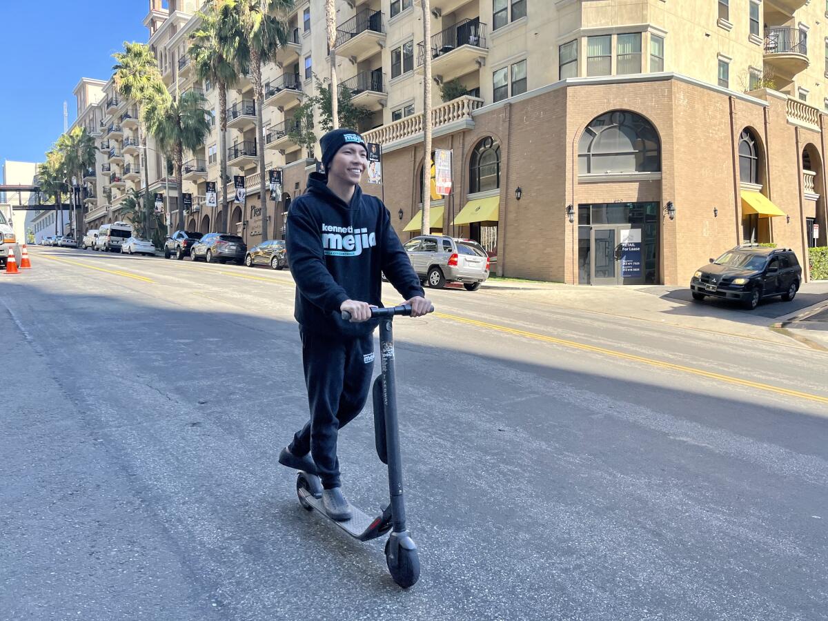Kenneth Mejia heading to his downtown campaign office in 2022 after he was elected L.A. city controller.