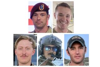 These undated photos provided by U.S. Army Special Operations Command Public Affairs, shows the five Army aviation special operations forces killed when their helicopter crashed in the Eastern Mediterranean over the weekend. From top left to bottom right are, Chief Warrant Officer 3 Stephen R. Dwyer, of Clarksville, Tenn., Sgt. Andrew P. Southard, of Apache Junction, Ariz., Staff Sgt. Tanner W. Grone, of Gorham, N.H., Sgt. Cade M. Wolfe, of Mankato, Minn., and Chief Warrant Officer 2 Shane M. Barnes, of Sacramento, Calif. They were based in Kentucky. (U.S. Army Special Operations Command Public Affairs via AP)