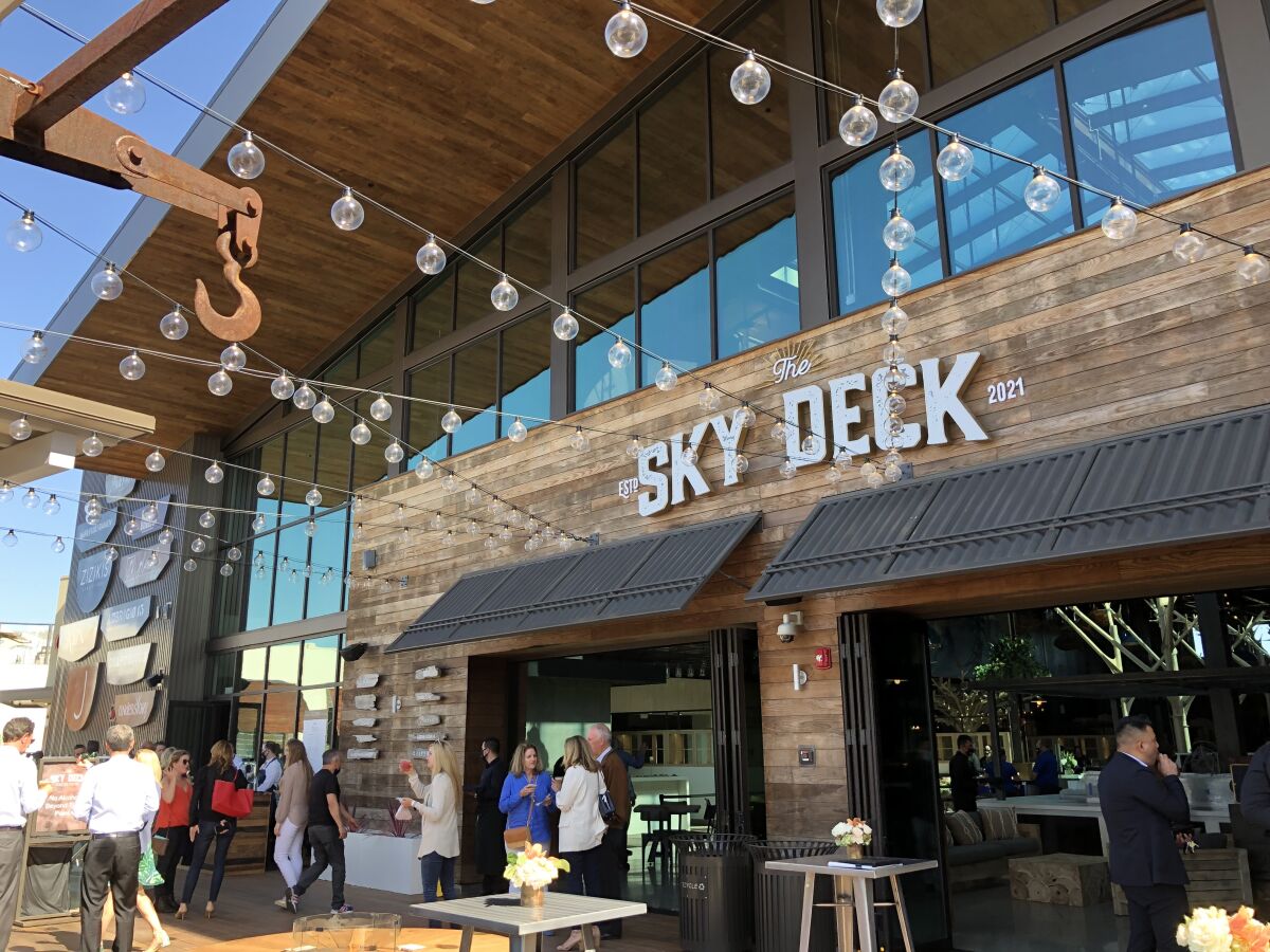 The entrance patio to Sky Deck at Del Mar Highlands Town Center in Carmel Valley.