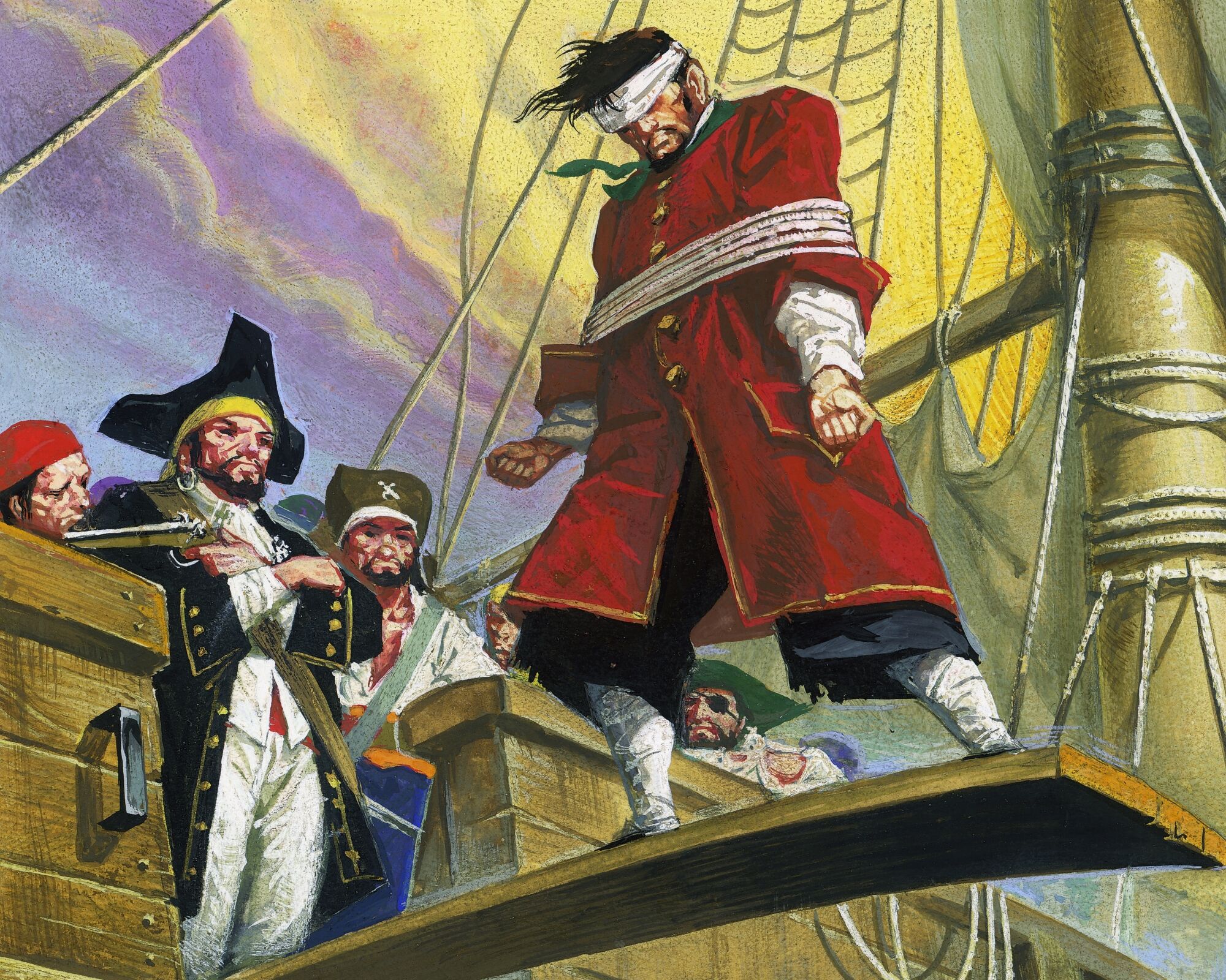 A prisoner walking the plank on a pirate ship, drawing.