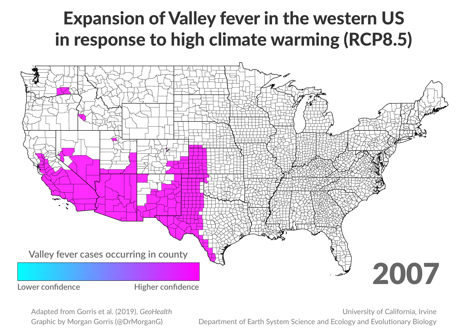 Researchers project how valley fever will spread. By 2095, much of the western U.S. will be considered endemic.