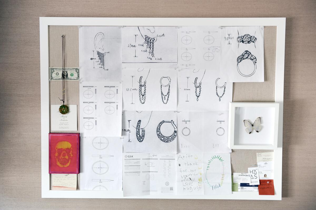 Jewelry designer Anita Ko's inspiration and design board hangs in her office.
