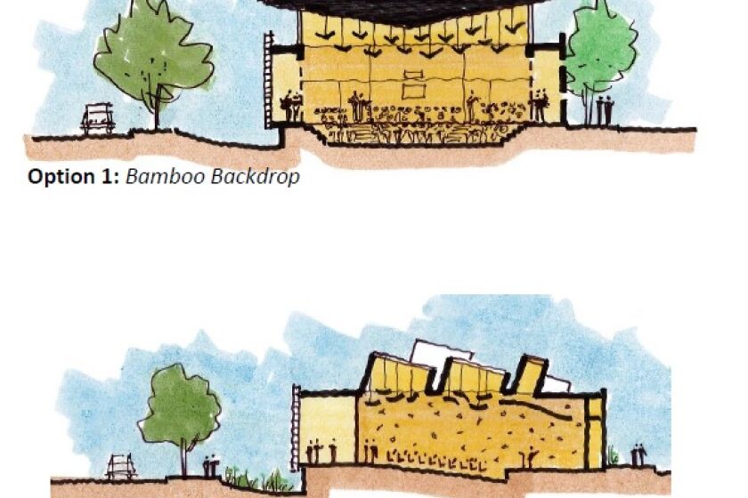 Preliminary conceptual sketches show two possible configurations for the lecture hall proposed to rise next to the Newport Beach Central Library. Avocado Avenue is at left.