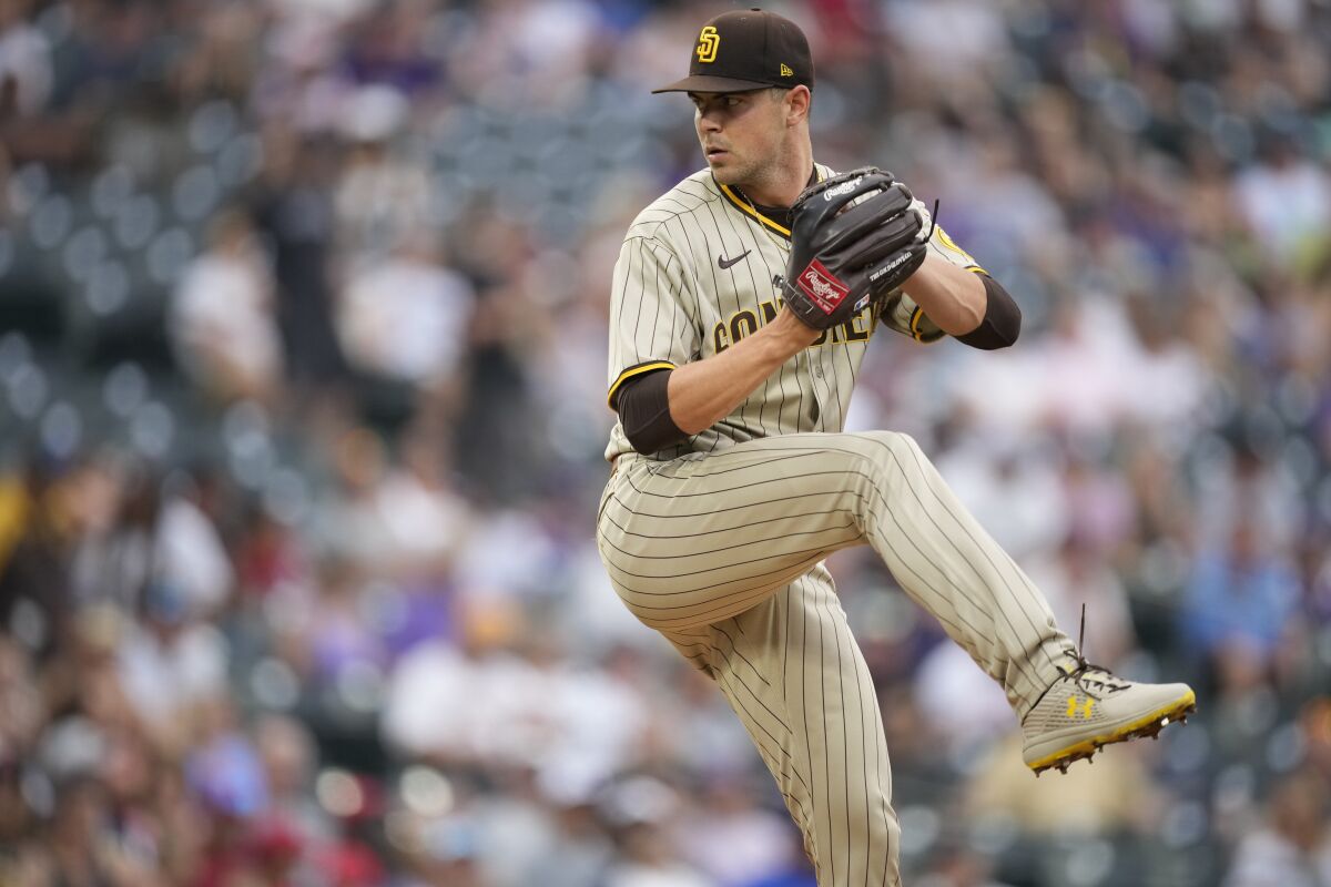 Padres starting pitcher MacKenzie Gore (1) had a rough outing Friday at Coors Field.