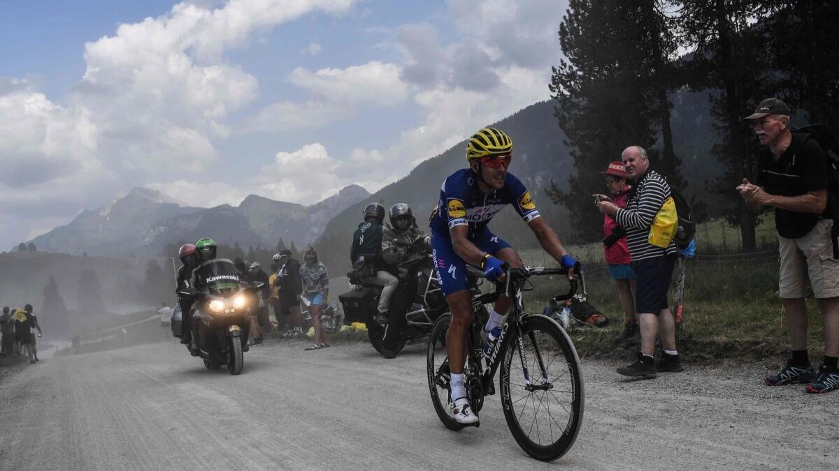 France's Julian Alaphilippe rides in the ascent of the Plateau des Glieres on the first mountain stage of the Tour de France on Tuesday.