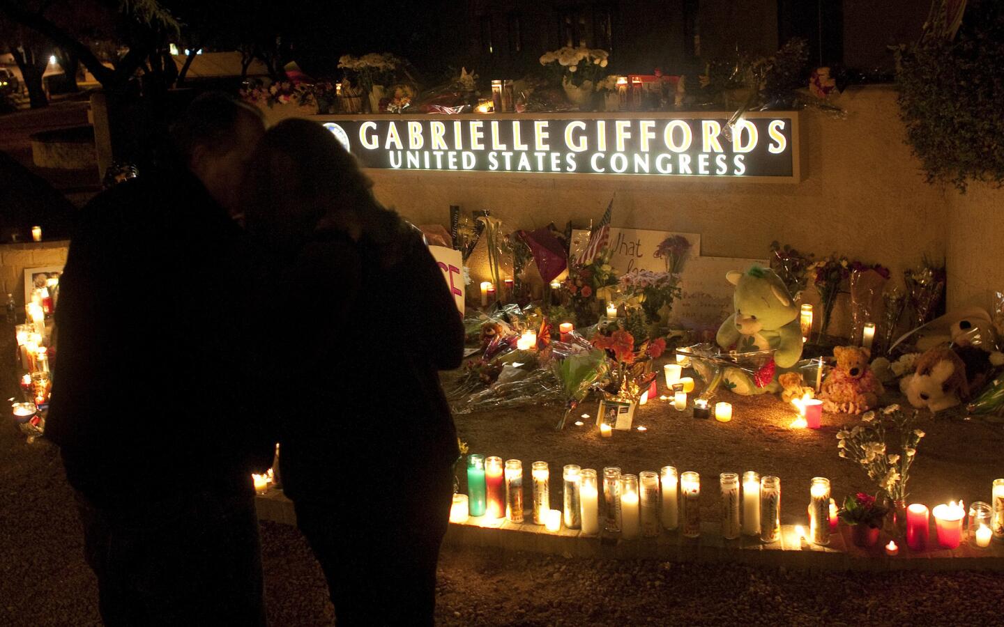 Well-wishers have created a makeshift memorial in front of Rep. Gabrielle Giffords (D-Ariz.) office. Giffords, who was beginning her third term in Congress, was shot in the head while meeting constituents at an event on Jan 8.