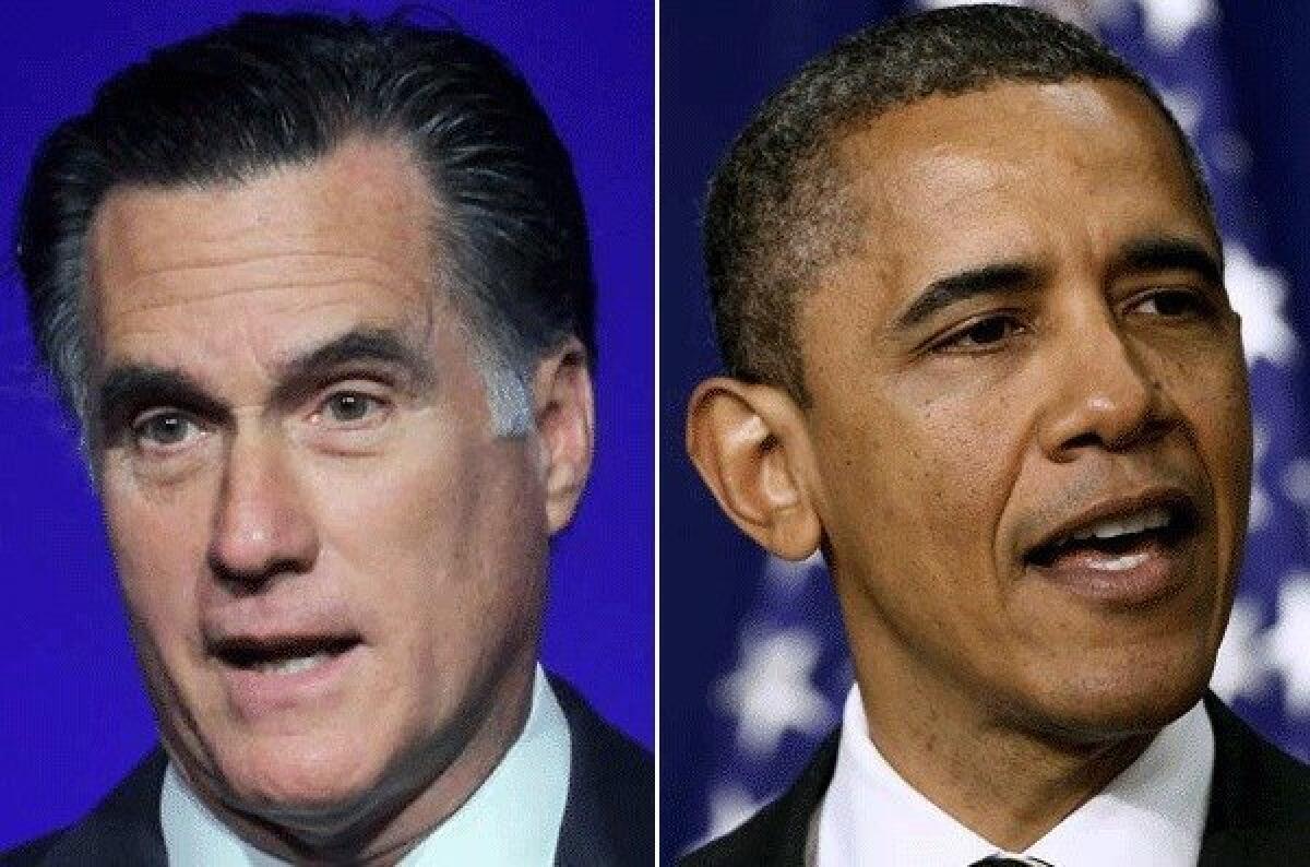 President Obama, right, has painted Mitt Romney as an out-of-touch patrician who doesn't care much about the troubles of hardworking people low on the income ladder. Romney paints Obama as an out-of-touch liberal who doesn't care much about the struggles of honest businessmen who want to create jobs.