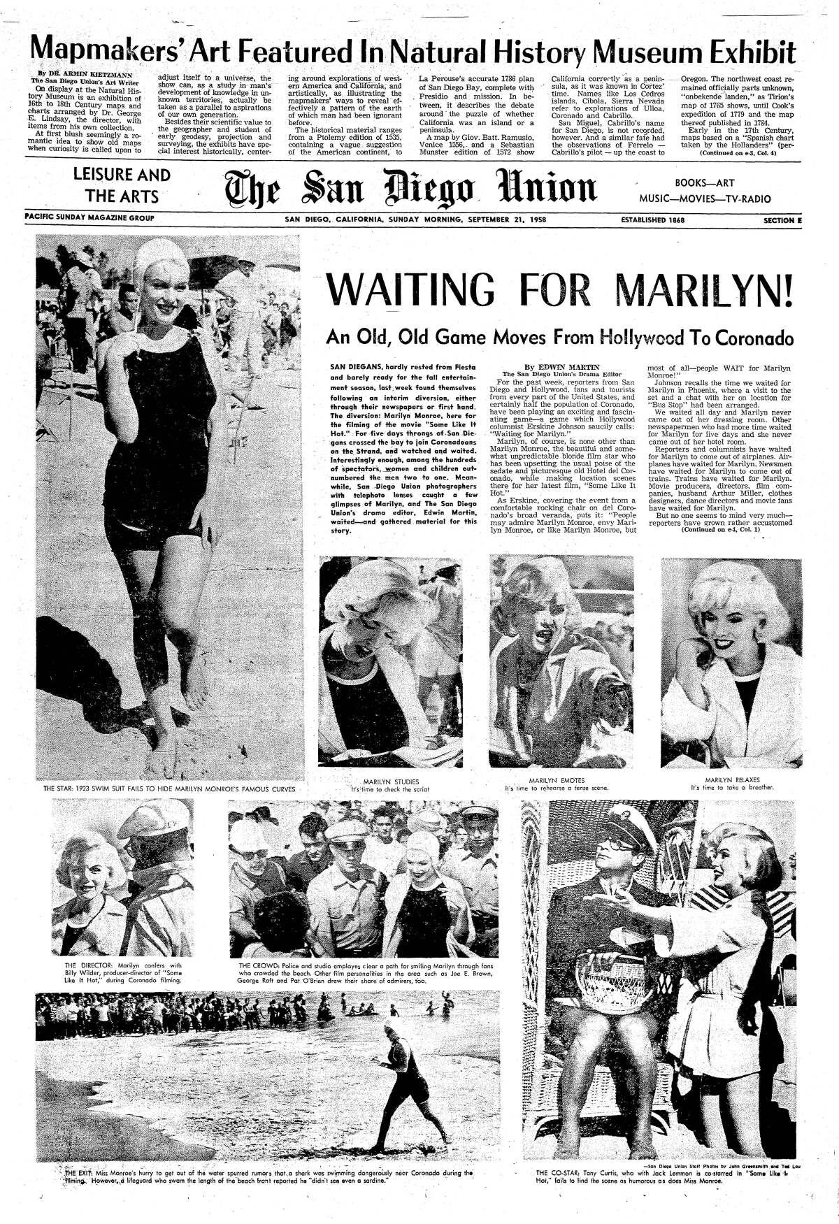 "Waiting for Marilyn!" photo page from The San Diego Union published Sept. 21, 1958.