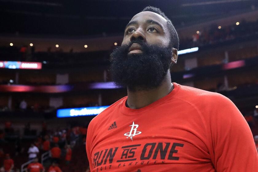 HOUSTON, TX - MAY 11: James Harden #13 of the Houston Rockets leaves the court after their 114-75 loss to the San Antonio Spurs Game Six of the NBA Western Conference Semi-Finals at Toyota Center on May 11, 2017 in Houston, Texas. NOTE TO USER: User expressly acknowledges and agrees that, by downloading and or using this photograph, User is consenting to the terms and conditions of the Getty Images License Agreement. (Photo by Ronald Martinez/Getty Images) ** OUTS - ELSENT, FPG, CM - OUTS * NM, PH, VA if sourced by CT, LA or MoD **