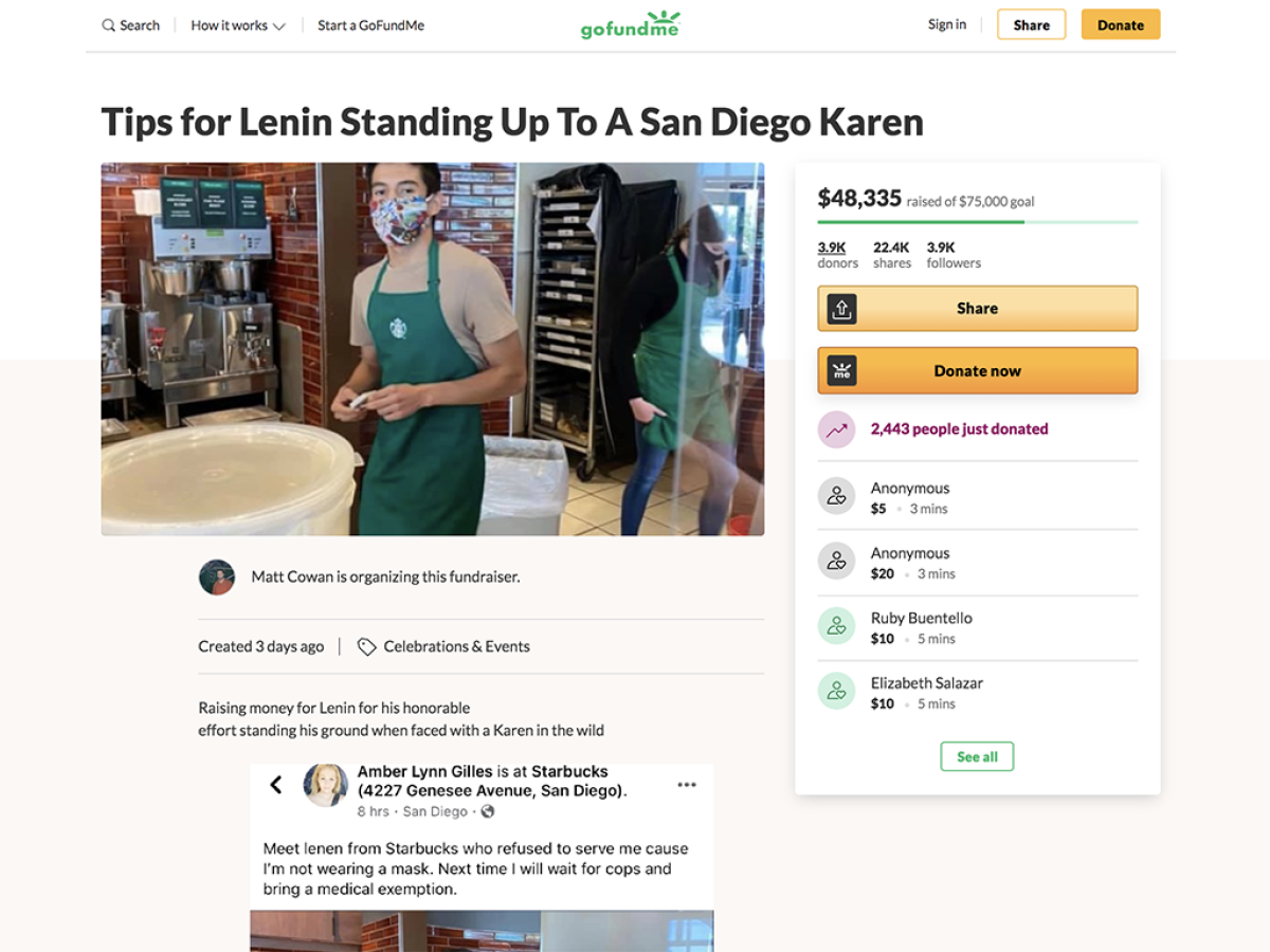A screenshot of a viral GoFundMe campaign with a picture of Starbucks barista Lenin Gutierrez.