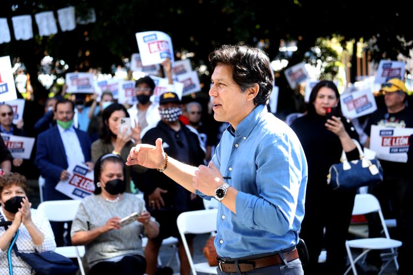 LOS ANGELES, CA - MARCH 12: Los Angeles City Councilman Kevin de Leon, who running for mayor of LA, greets constituents at the grand opening of his campaign headquarters on Saturday, March 12, 2022 in Los Angeles, CA. Councilman de Leon where Kevin "shared his vision for the city's future." (Gary Coronado / Los Angeles Times)