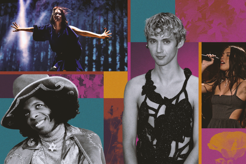 A photo collage featuring musicians: Mitski, Sly Stone, Troy Sivan, and Olivia Rodrigo 