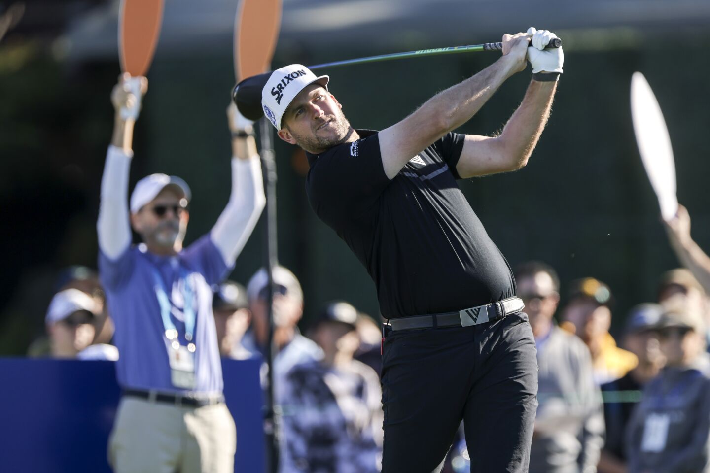Taylor Pendrith hits a drive from the first tee during the second round of the Farmers Insurance Open on Jan. 27.