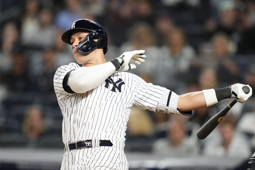 New York Yankees' Aaron Judge during the seventh inning of a baseball game against the Baltimore Orioles Tuesday, May 23, 2023, in New York. (AP Photo/Frank Franklin II)