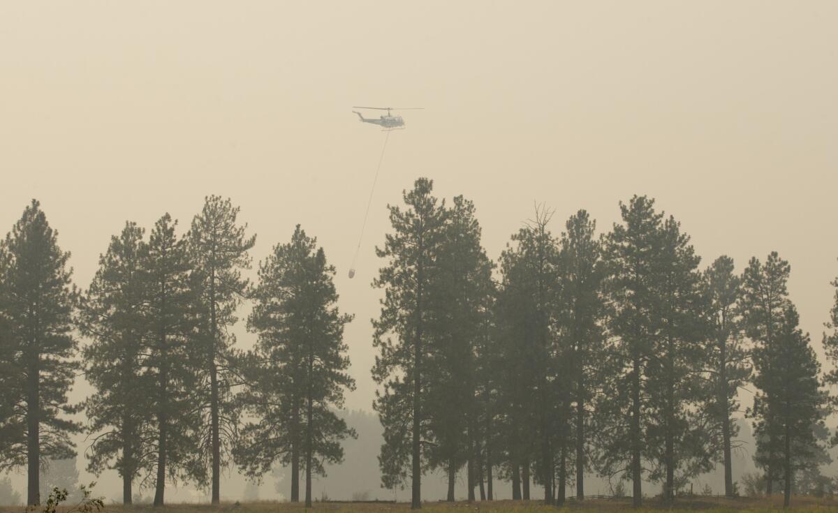 A firefighting helicopter returns to base while fighting the Carlton Complex fires near Twisp, Wash.