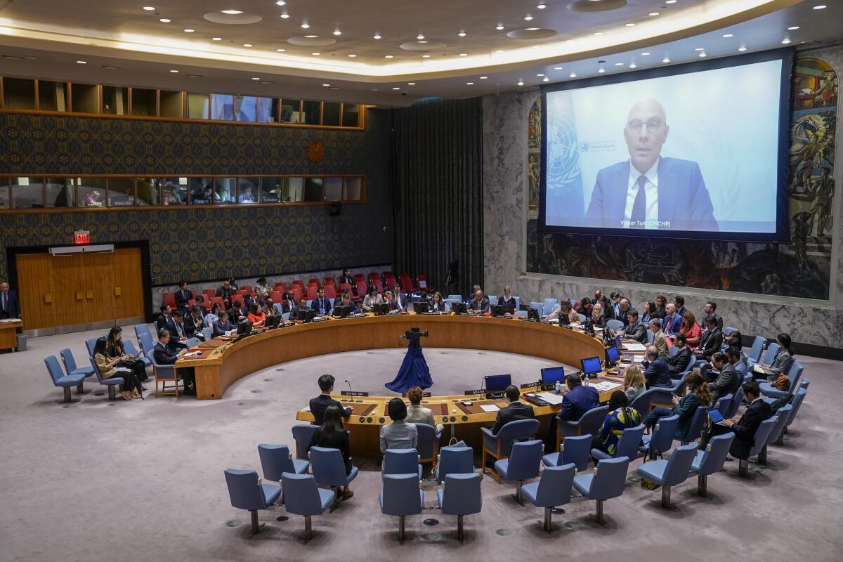 A man speaks on a screen before the United Nations Security Council.