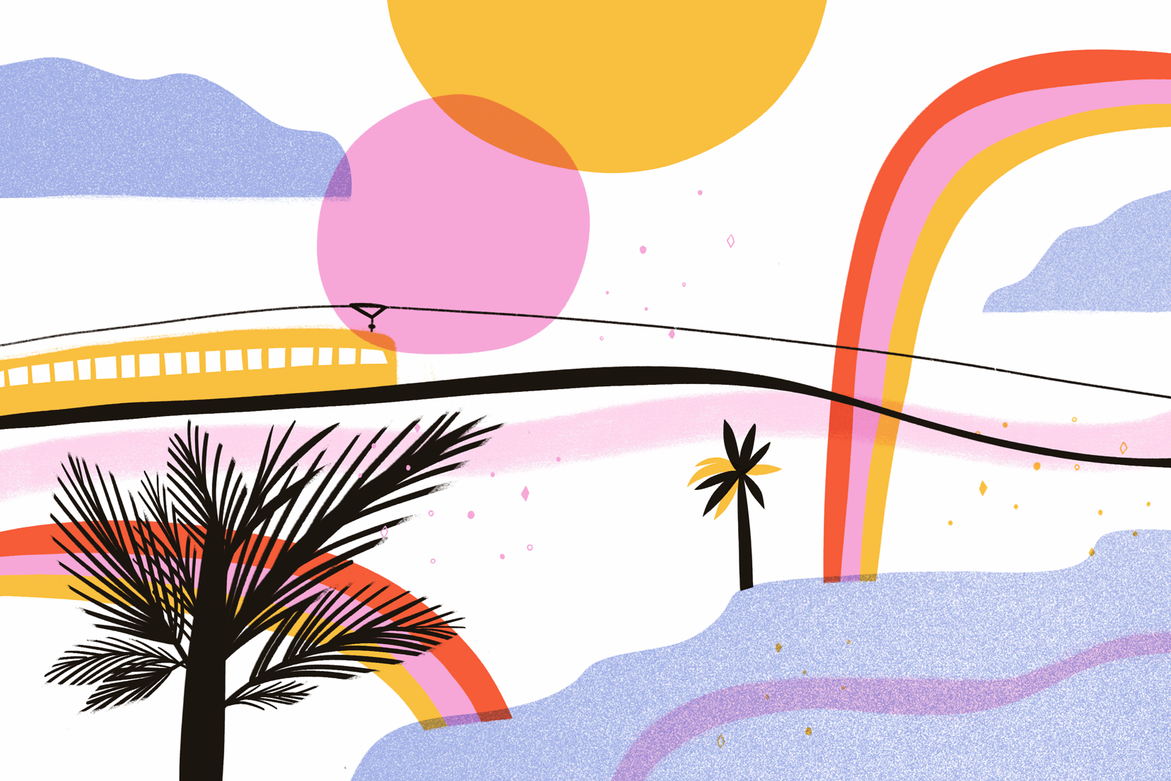 Animated illustration of a light-rail car soaring across a candy-colored skyline with palm trees.