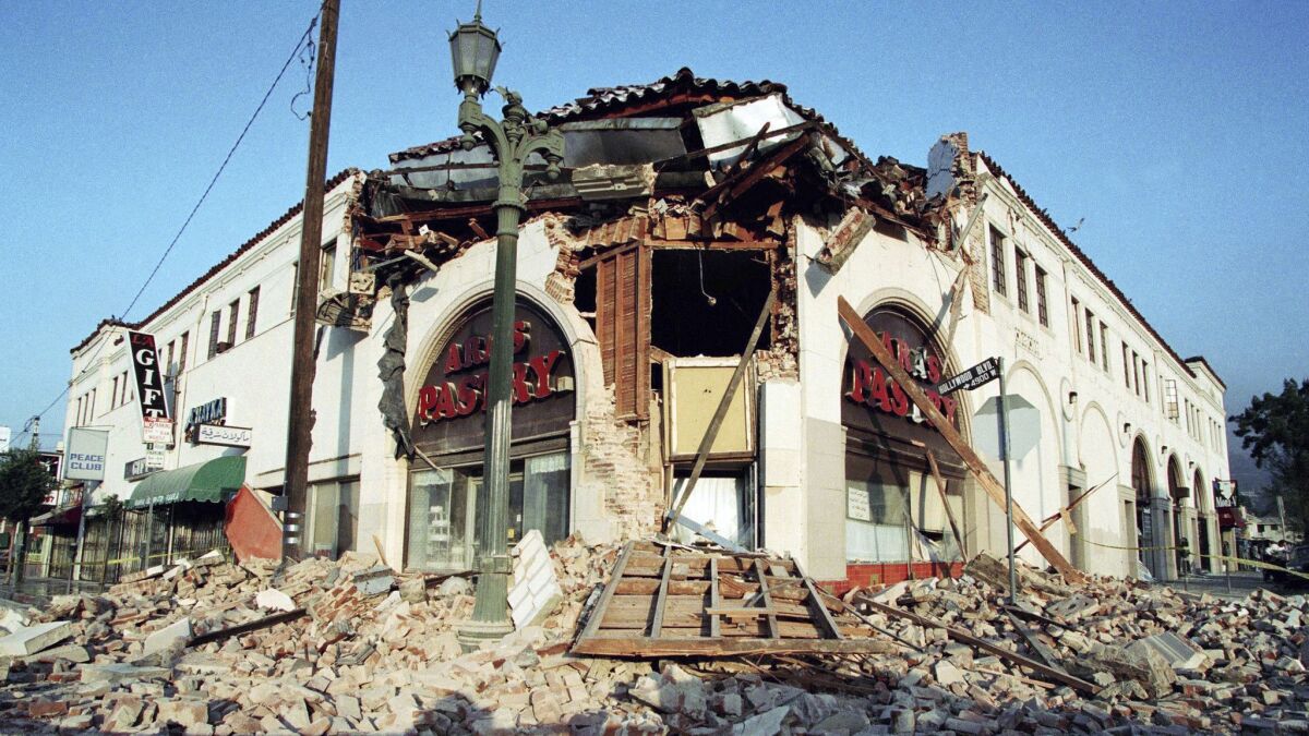Rubble surrounds Ara's Pastry in Hollywood after the 1994 Northridge earthquake.