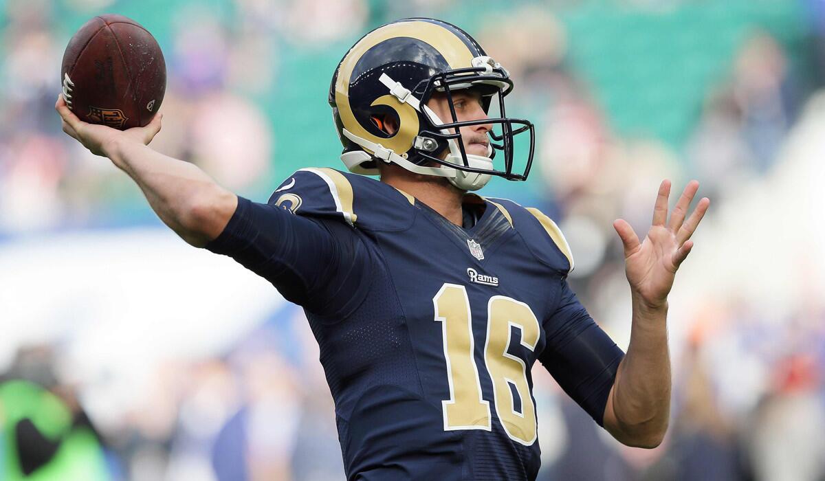 Rams quarterback Jared Goff passes the ball during warmups before a game against the New York Giants in London earlier this season.