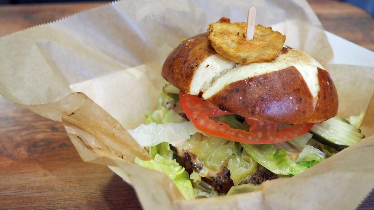 A 1/4-pound burger on a pretzel bun from Spudds in Pasadena.