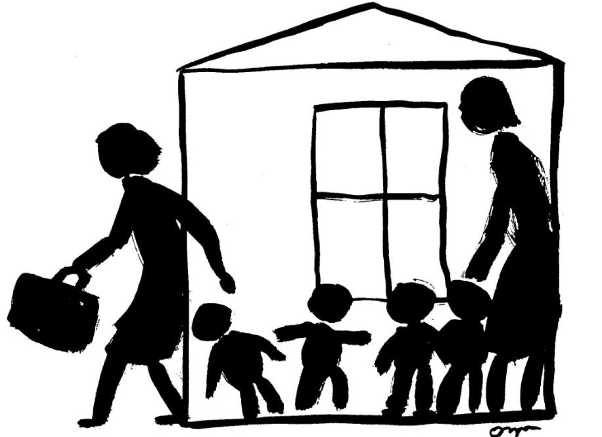 Illustration of a woman leaving children at home to go to work.