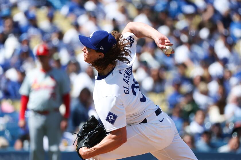 LOS ANGELES, CA - MARCH 28: Los Angeles Dodgers starting pitcher Tyler Glasnow (31) pitches during the second inning against the St. Louis Cardinals in Dodgers Stadium on Thursday, March 28, 2024 in Los Angeles, CA. (Wally Skalij / Los Angeles Times)
