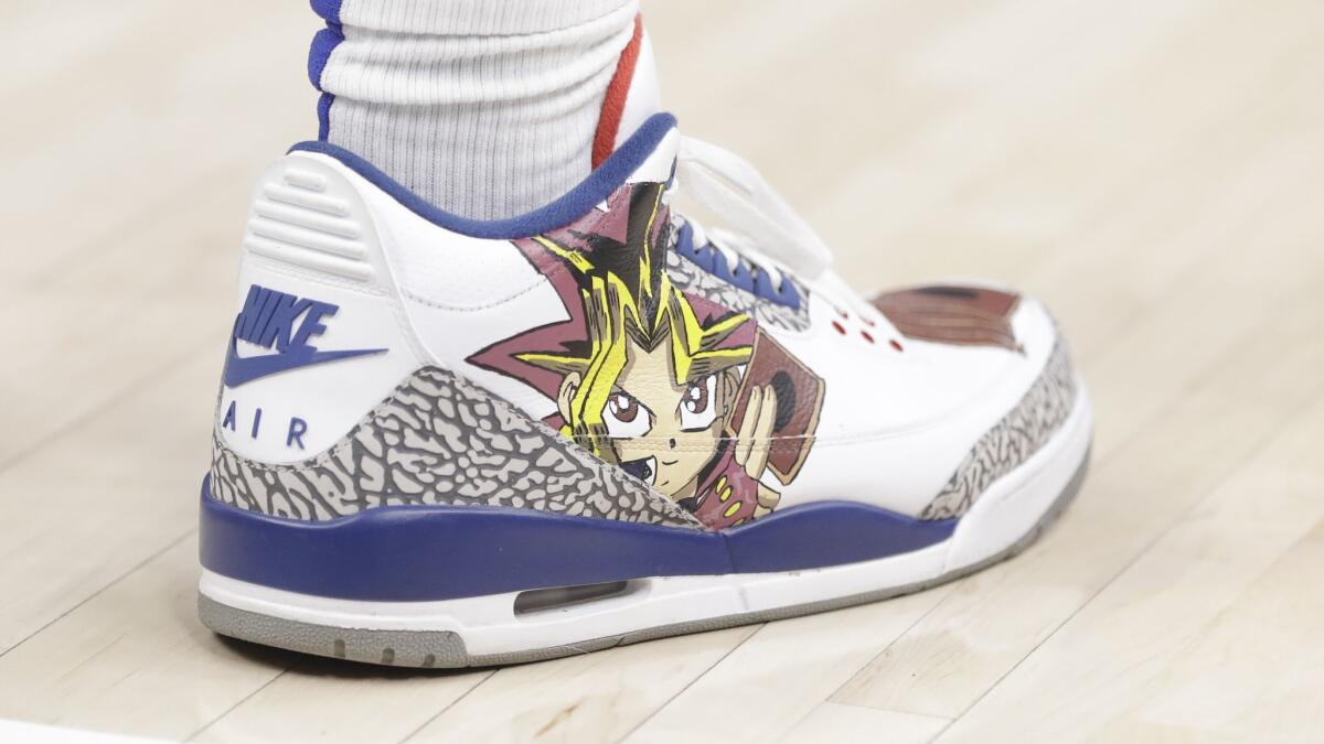 Montrezl Harrell's customized sneakers in the first half of a Feb. 7 game against the Indiana Pacers, one of the 164 different pair he plans to have in rotation this season.