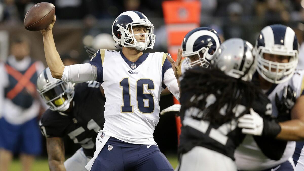 Quarterback Jared Goff (16) and the Rams will play the Raiders during the preseason as well as the regular season.