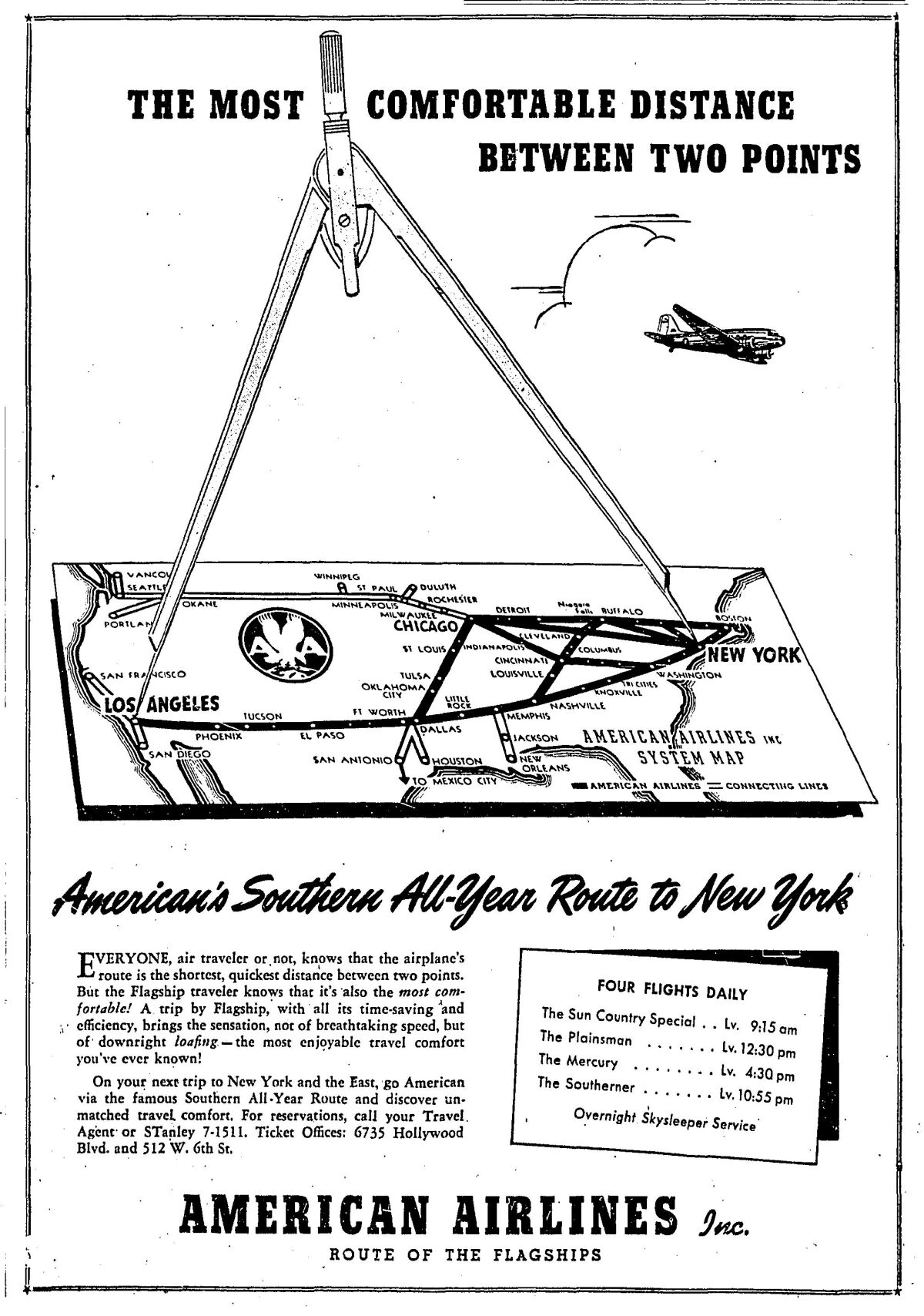 American Airlines advertisment in the Sep. 10, 1940, Los Angeles Times.American featured their all-night flights to New York aboard their sleeper DC-3s.