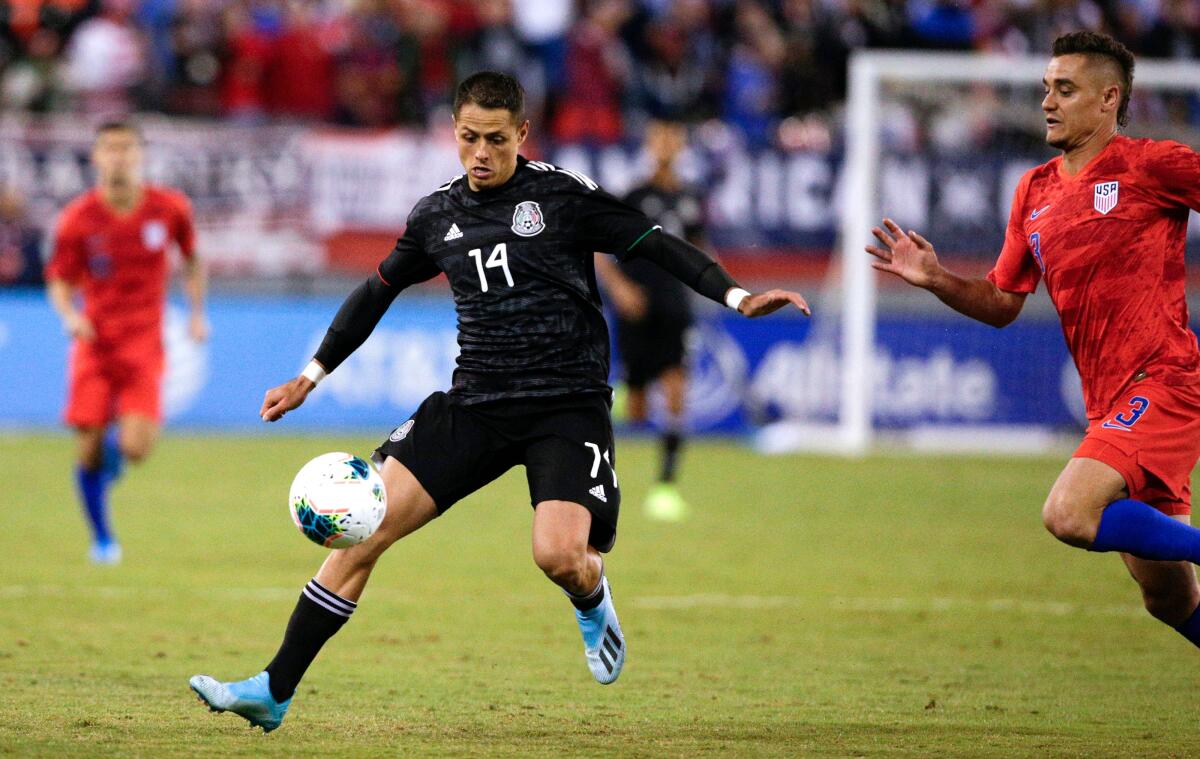 Mexico's Javier "Chicharito" Hernandez tries to control a pass against the United States during an exhibition game on Sept. 6, 2019.