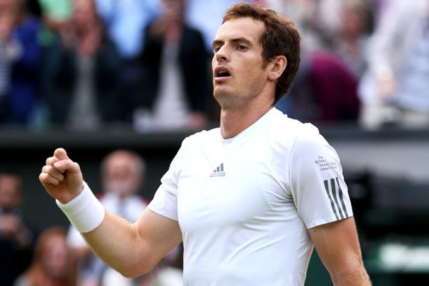 Andy Murray breathes a sigh of relief after defeating Fernando Verdasco in a quarterfinal match at Wimbledon on Wednesday.