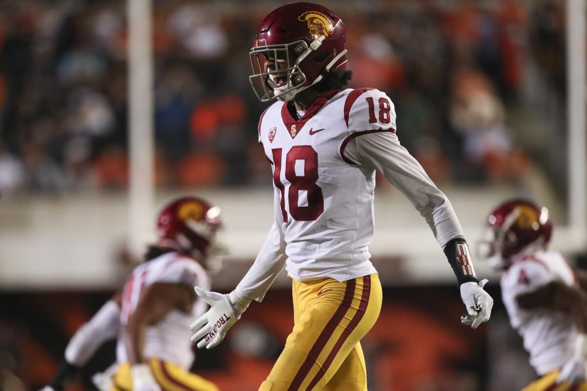 USC linebacker Eric Gentry celebrates during the Trojans' win over Oregon State on Sept. 24.