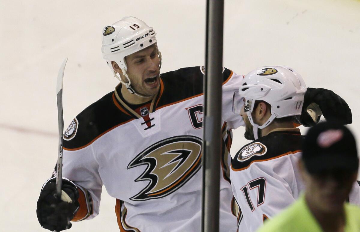 Ducks forward Ryan Kesler (17) is congratulated by teammate Ryan Getzlaf after scoring a goal during the third period of a game against the Detroit Red Wings on Jan. 23.