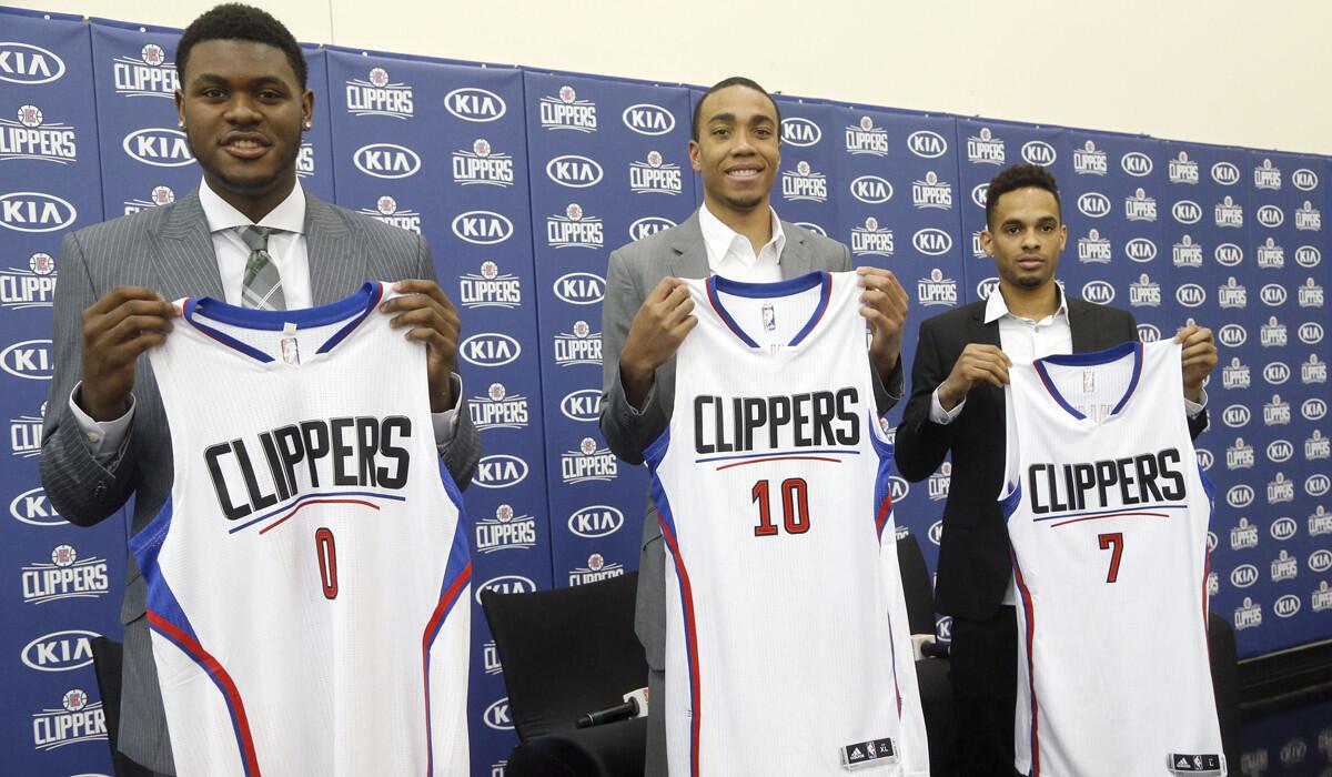 Clippers introduce their 2016 draft picks, Diamond Stone (0), Brice Johnson (10) and David Michineau (7) at a news conference.